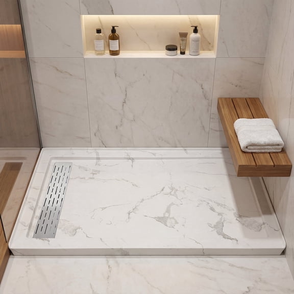 MORVANO 60”W x 32”D Rectangular Shower Pan Base with Stainless Steel Drain Cover, Marble-Look Acrylic