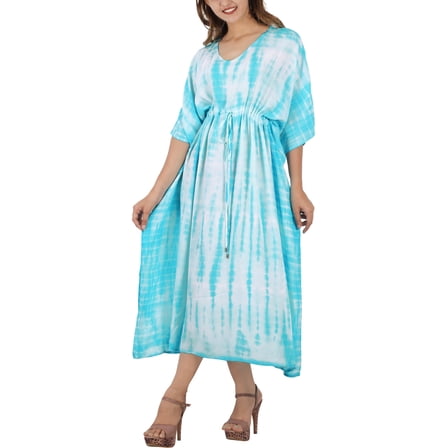 HAPPY BAY Women's Summer Loungewear African Beach Maxi Kaftan Ethnic Print Casual Slit Dress Caftan Dresses for Women 1X-2X Arctic, Tie Dye