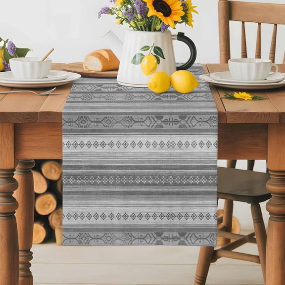 Burlap Table Runner 36 Inches Long,Boho Abstract Ethnic Gray Geometric Pattern Non-Slip Kitchen Table Runners for Dining Room Everyday Use Party Table Decorations Vintage Art on Wood