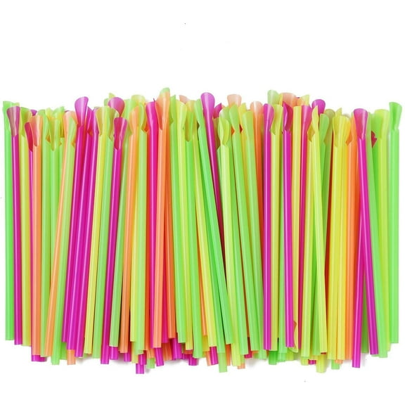 Assorted Neon Colors Sno-Cone Plastic Spoon Drinking Straws, Pack of 200 Milkshake Straws