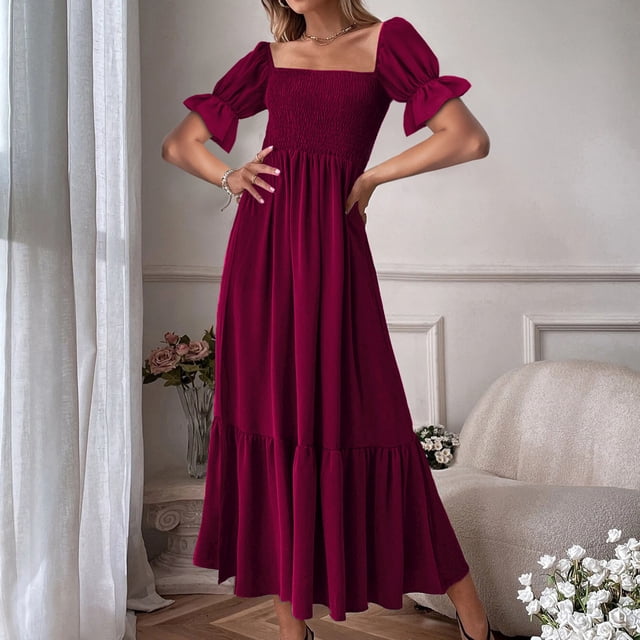 Mefallenssiah Mode Casual Été Carré Cou Solide Manches Courtes Femmes Robe Femmes Robes Longues