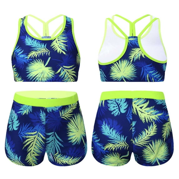 YONGHS Kids Girls Sports Dance Outfit Y-Shaped Back Crop Tops with Booty Shorts Set Navy Blue 4