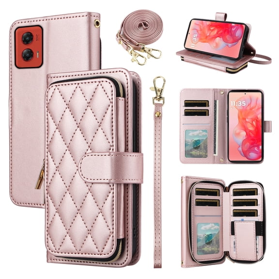 Furiet Argyle Wallet Case for Motorola Moto G Stylus 5G 2024 with Wrist Strap Shoulder Strap Card Slots Zipper Purse Luxury PU Leather Stand Checkered Cell Phone Cover for G5 Women Girls Rose Gold