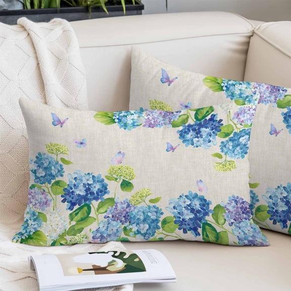 Blue Hydrangea Pillow Covers King, Linen Texture Butterfly Spring Floral Soft Brushed Microfiber Breathable Throw Pillow Covers, Pillowcase with Zipper for Couch Sofa Bedroom Living Room 20"x36"