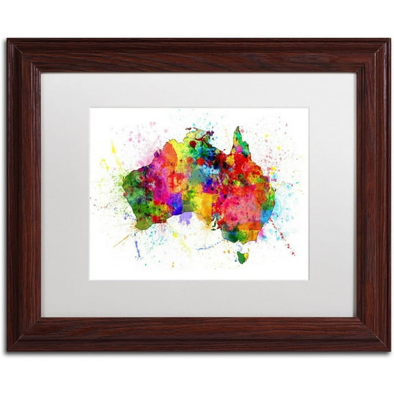 Trademark Fine Art 'Australia Paint Splashes Map' Canvas Art by Michael Tompsett, White Matte, Wood Frame