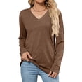 thumbnail image 2 of Womens T Shirts V Neck Long Sleeve Casual Tops Soft Solid Basic Tee Coffee M, 2 of 10