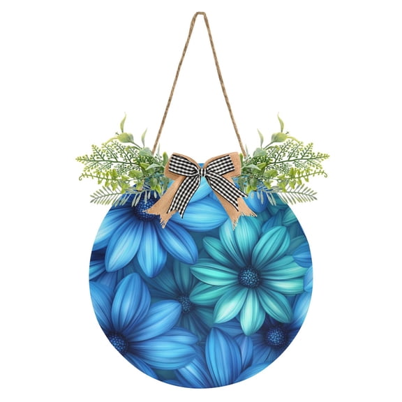 Blue Daisy Bloom Front Door Porch Decoration Hanging Sign with Artificial Green Plants and Bow for Home Outdoor Indoor