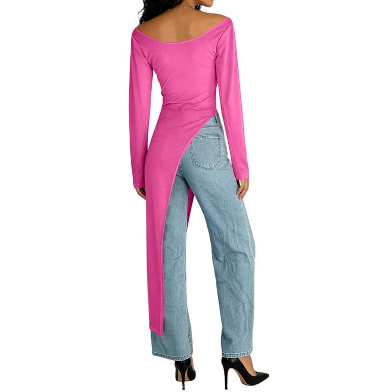 long sleeve hot pink bodycon dress Womens Shirts Dresses High Low Hem Split Maxi Night Club Party Dress Pink, L Navy Bohemian Bridesmaid Dresses prom 2025 dress Color:Candy-Pink 68 cm SIZE M