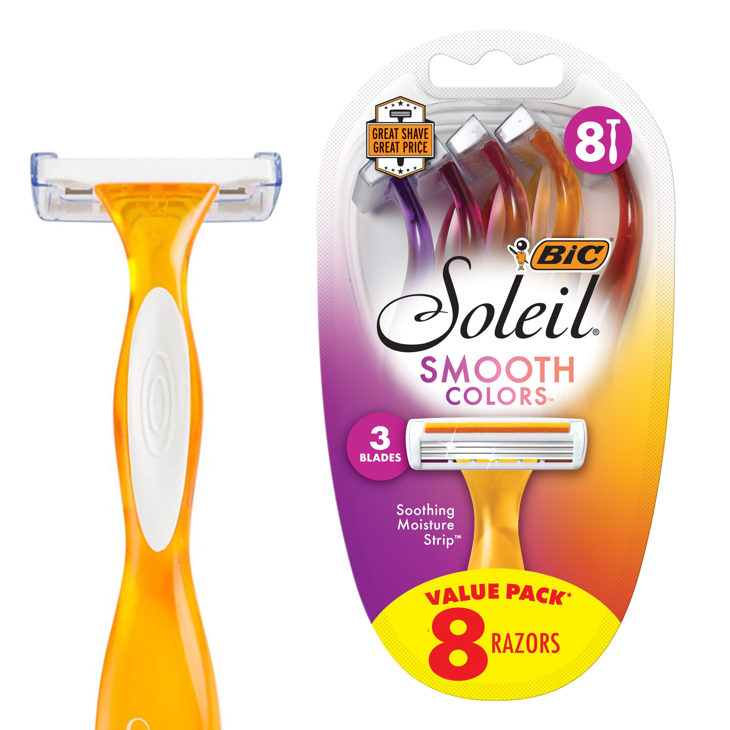 BIC Soleil Smooth Colors Disposable Razors for Women Sensitive Skin, 3 Blades and 8 Razors
