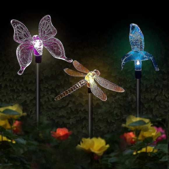 3 Pack Butterfly, Hummingbird, Dragonfly, Solar Powered Led Solar Garden Lights, Multicolor