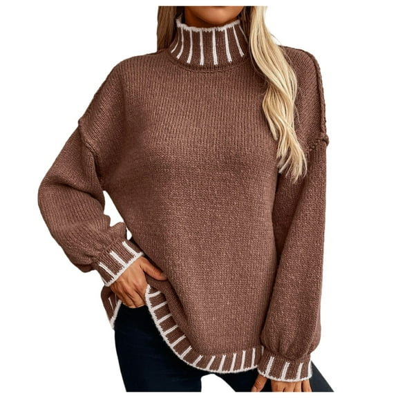 Ediodpoh Striped Pullover High Neck Loose Plus Size Sweater Comfortable and Warm Oversized Sweaters for Women Brown M