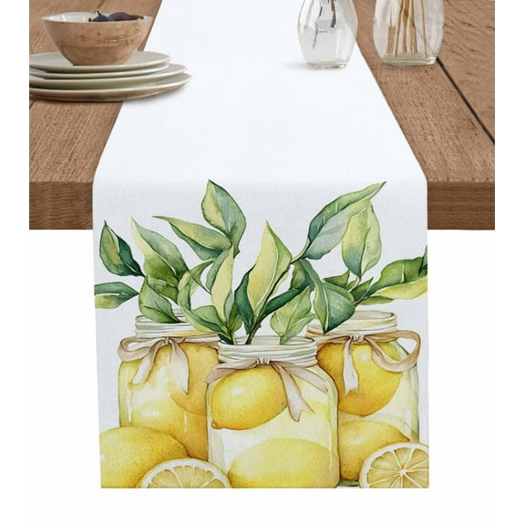Summer Lemon Burlap Cotton Table Runner 16x72 Inches Long, Watercolor Fruits Green Leaf Vase Farmhouse Table Runners, Outdoor Dining Tablecloths Decor for Baby Shower/Party/Wedding