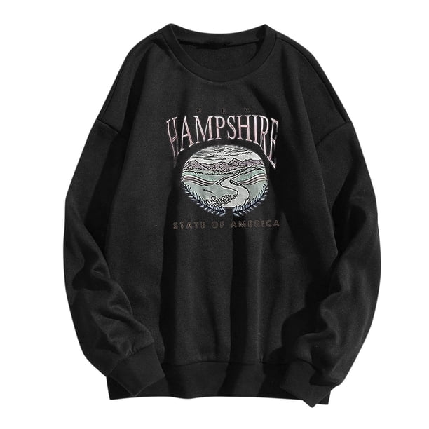 Gibobby Temperamento Pullover Top Sudadera con estampado diario para mujer, suéter largo con estampado de letras y cuello redondo, sudadera de manga larga con estampado de mon(Negro, M)