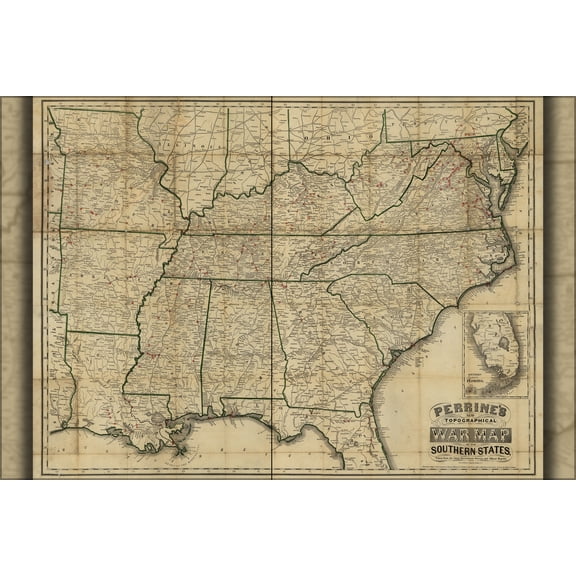 24"x36" Gallery Poster, topographical civil war map southern states 1863
