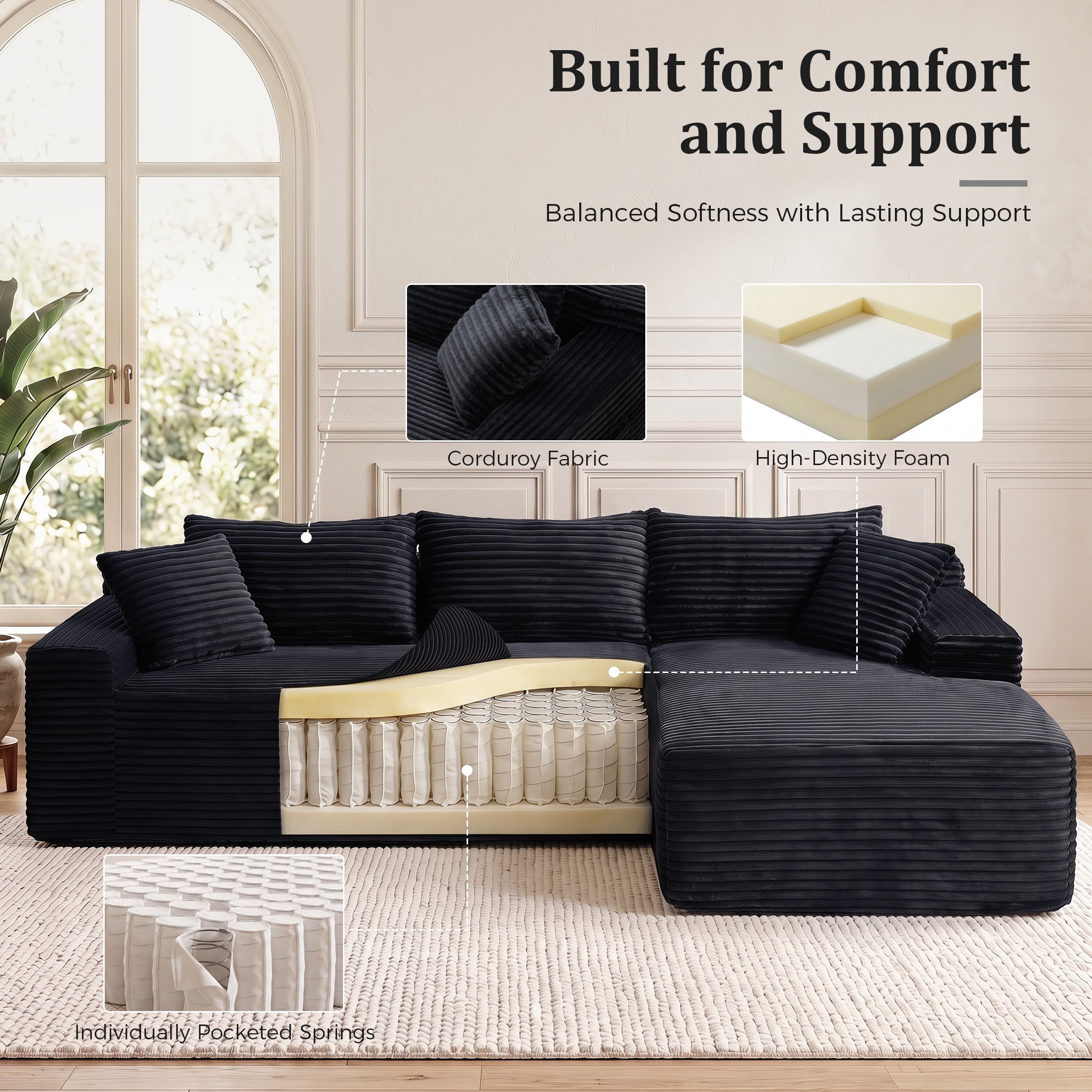 Aenkyo 95 Inch Corduroy L-Shaped Modular Sectional Sofa, Right Chaise, Black