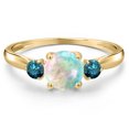 thumbnail image 3 of Gem Stone King 10K Yellow Gold Simulated White Opal and Blue Diamond 3-Stone Ring for Women | 0.50 Cttw | Round Cabochon 6MM | Gemstone October Birthstone | Size 6, 3 of 6