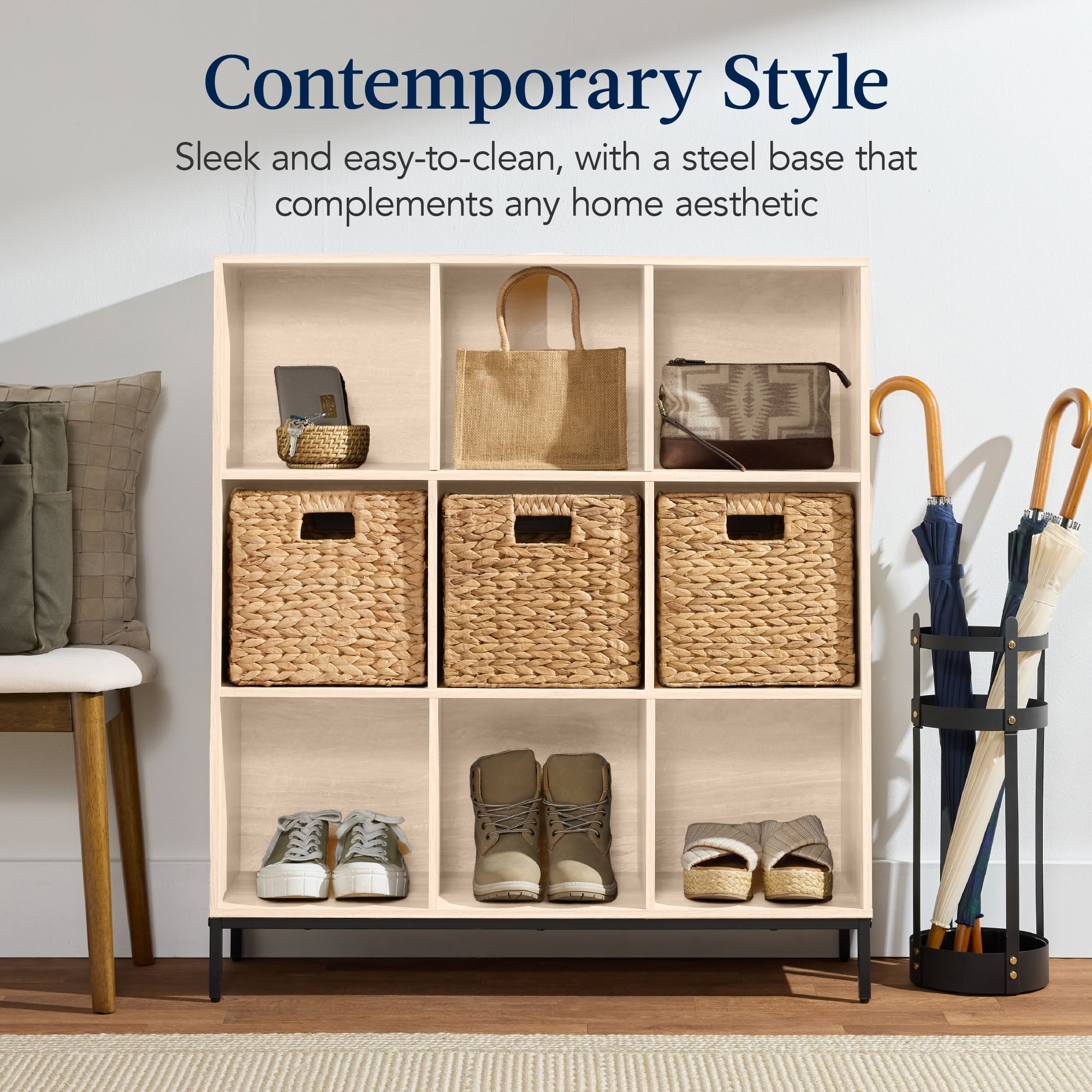 Best Choice Products Elevated 9-Cube Storage Organizer, 11in Shelf, Bookcase, Display Shelf, w/ Metal Legs  Light Oak