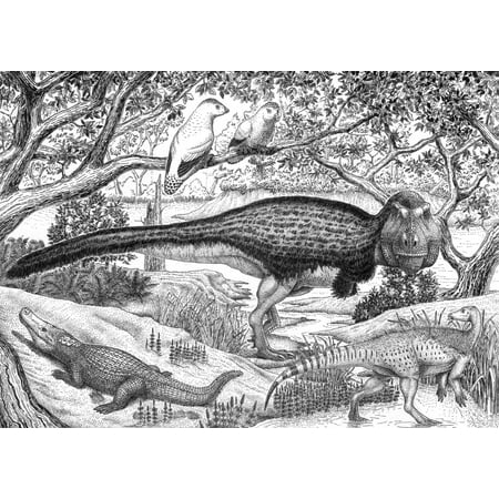 Black Ink Drawing Of Extinct Animals From The Hell Creek Formation