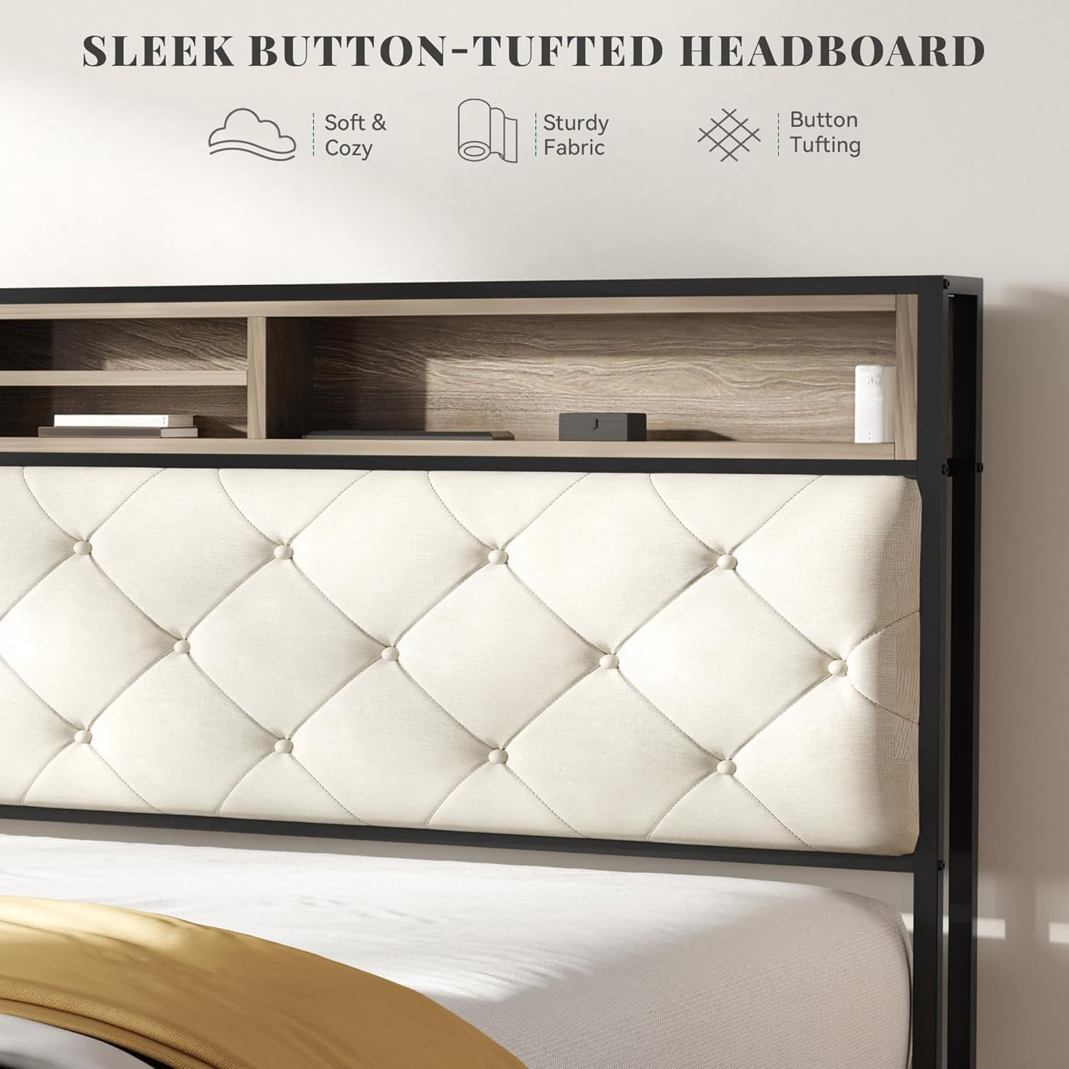 Newest King Size Platform Bed Frame with Charging Station - Beige Upholstered Storage Headboard for Master Bedroom & Guest Room Organization​