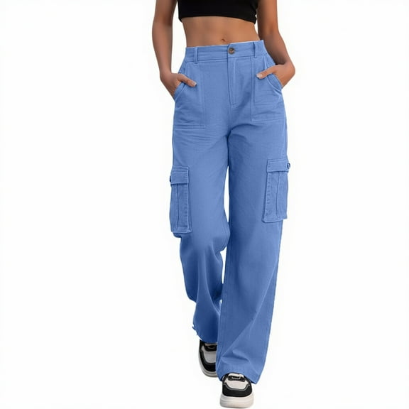 Likimi Womens Cargo Pants High Waist Solid Color Straight Wide Leg Loose Fit Comfortable Long Trousers With Pocket Size L Blue