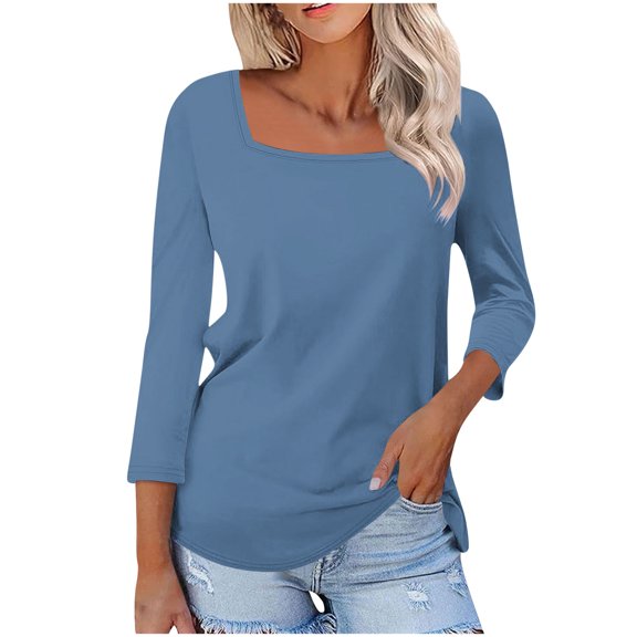 Drses Women Square Neck 3/4 Three Quarter Sleeve Top, Cute Basic T Shirt Tunic Blouse, Dressy Casual Holiday Workout Summer Daily Shirts for Ladies