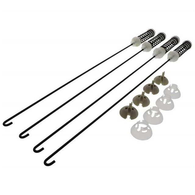 Trousse de Tige de Suspension pour Laveuse Whirlpool, Comprenant Quatre Tringles de Suspension Noires avec Ressorts Hélicoïdaux et Composants de Montage en Plastique Blanc. Conçue pour la Compatibilité avec les Laveuses Whirlpool, Cette Trousse Multicolore Améliore la Stabilité et la performance de l'Appareil.