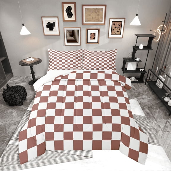 Erosebridal Buffalo Square Bedding Twin Comforter Set,Brown White Down Comforter,Geometric Decoration,Lightweight,2-Piece