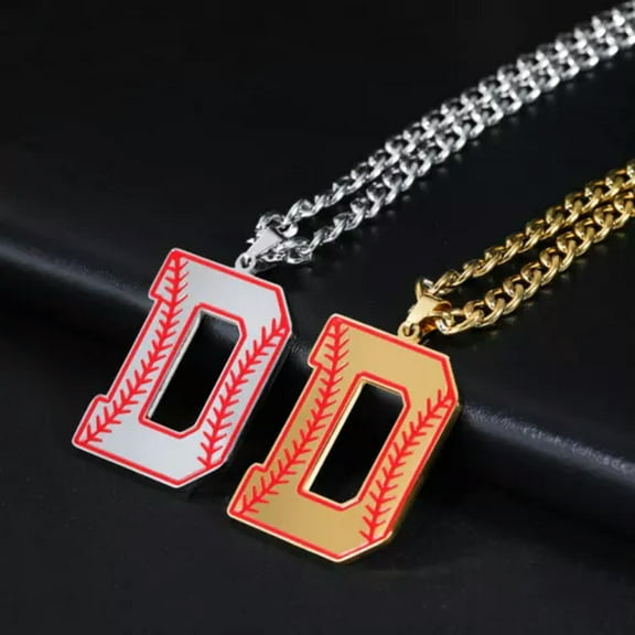 EOEMY Baseball Initial A-Z Letter Pendant Necklace Cuban Chain Stainless Steel Jewelry