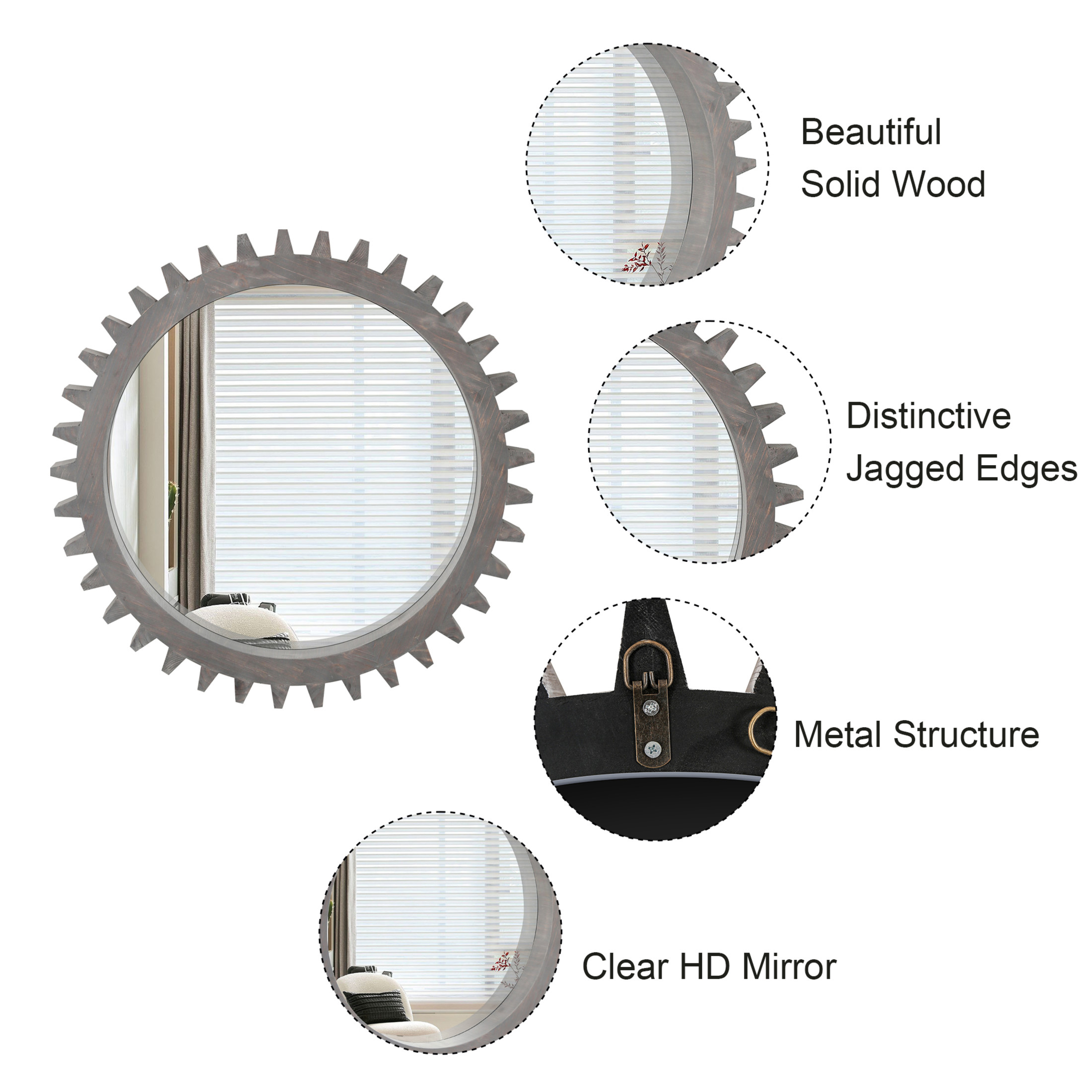 Noble House Vintage 26'' Wall Wood Round Hanging Gear Shape Heavy Decorative Mirror For Bathroom Living Room Entryway, Dark Brown