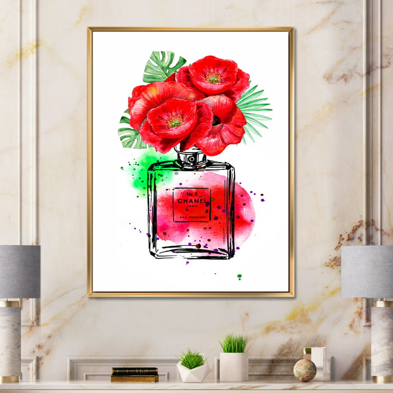 Perfume Chanel Five With Red Flowers 30 in x 40 in Framed Painting Canvas  Art Print, by Designart