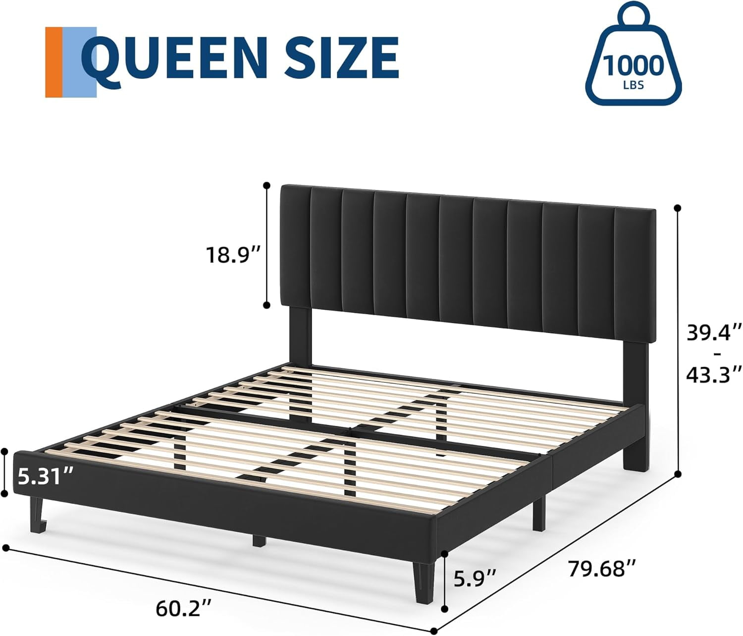 Queen Size Bed Frame, Velvet Upholstered Platform Bed with Adjustable Vertical Channel Tufted Headboard, No Box Spring Needed, Easy Assembly, Black
