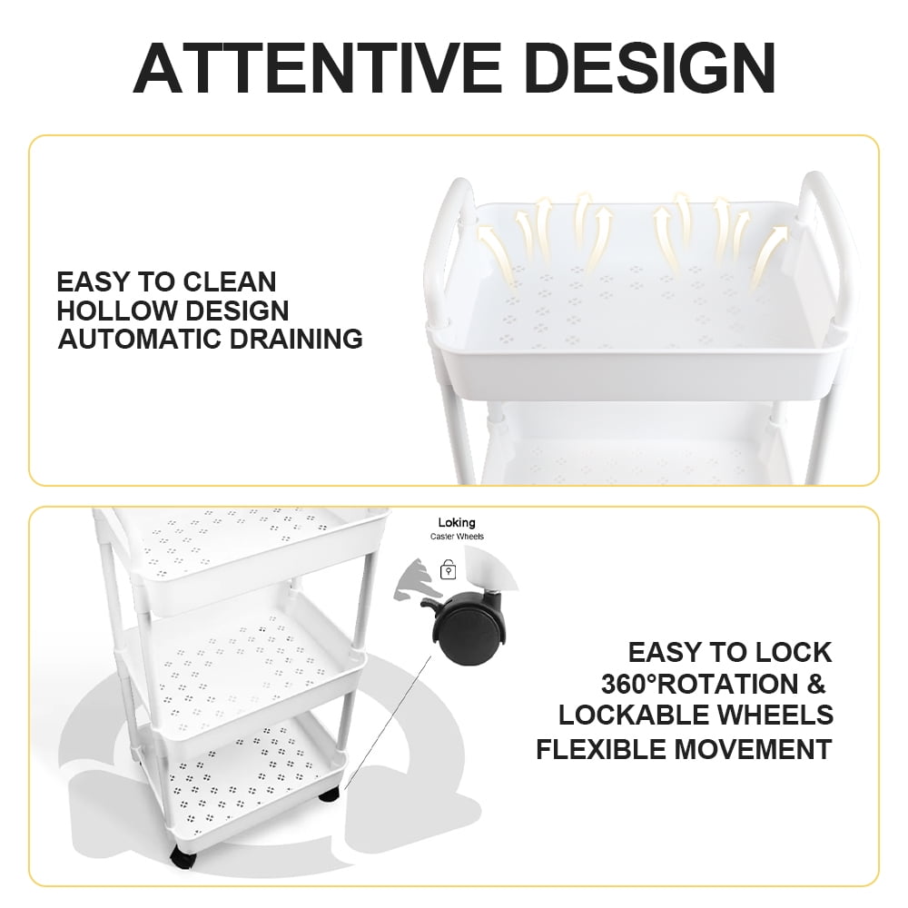 Bathroom Cart with Wheels Kitchen Small Storage 3 Tier Rack Rolling Trolleys Organizer Shelf, White
