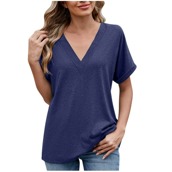 Wdfiry Summer Short Sleeve T-Shirts for Women Fashion Loose Casual V Neck Solid T Shirt Tunic Tops for Women