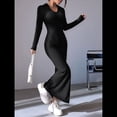 thumbnail image 4 of Vestido Maxi de Punto Acanalado con Cuello en V y Larga para Mujer, con Abertura en el Muslo y Ajustado. Negro XXL, 4 of 9