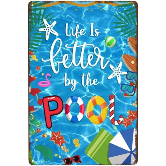 12"x8" Retro Tin Pool Sign - "Life is Better by The Pool" - Ideal for Indoor and Outdoor Decor, Great for Pools, Patios, and Home Bars