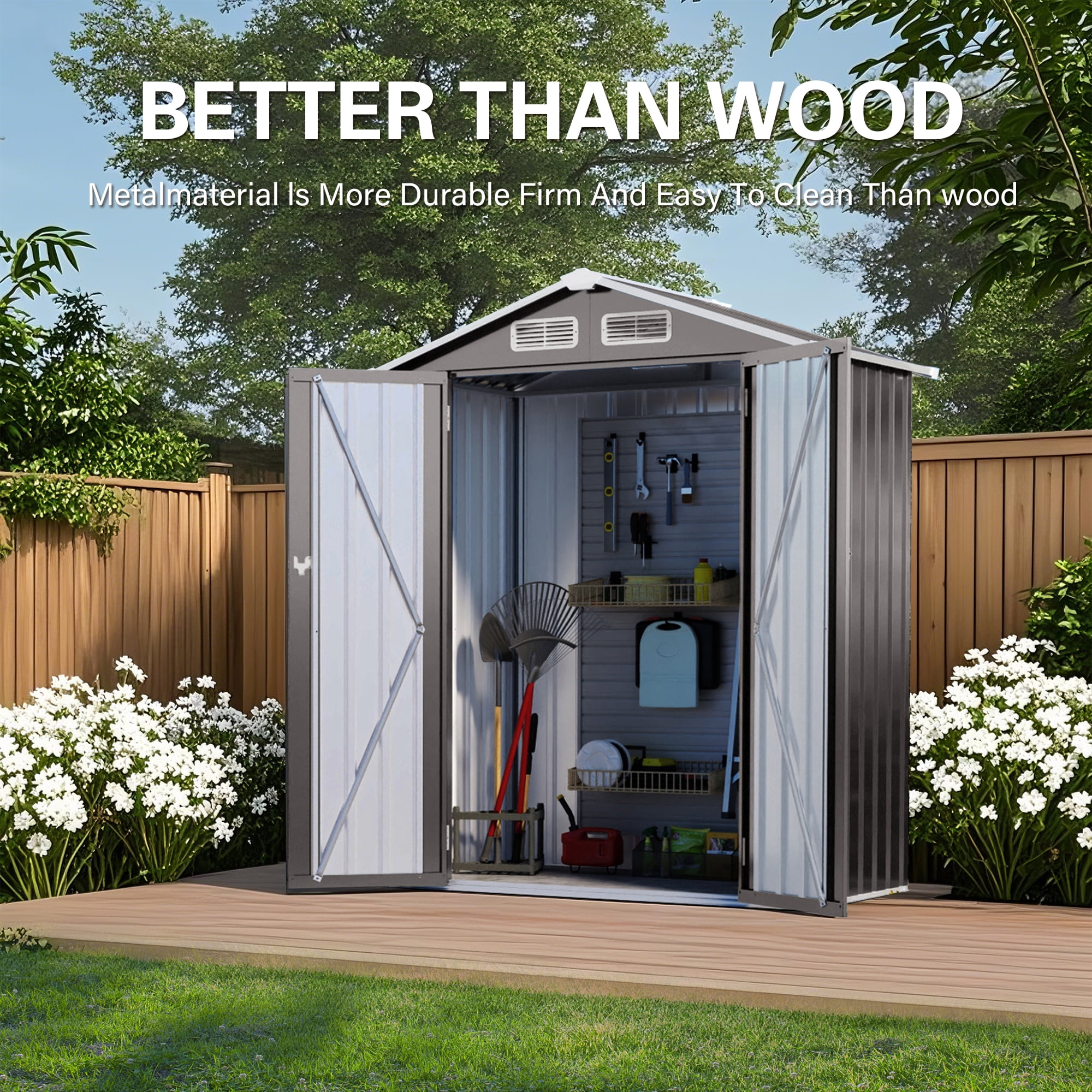 5X3 FT Metal Outdoor Storage Shed, Tool Shed with Peaked Roof Waterproof, Lockable Door Compact Metal Tool Shed, Gray