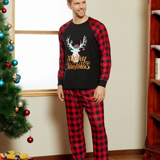 Conjuntos De Pijamas A Juego Con Empalme A Cuadros Con Estampado De Astas Y Letras De Feliz Navidad Para La Familia (resistente Al Fuego), Ropa De Descanso Para Hombres Y Mujeres Para Bebés Y Niños