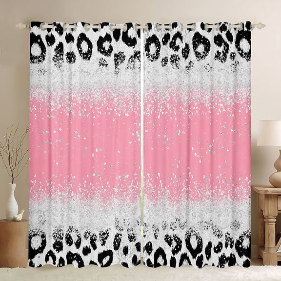 Homewish Cheetah Print Girl Black Out Curtains,Black Pink Grey Curtains Pack of 2 (42x63 Each),Bling Glitter Bedroom Curtains,Microfiber Bedroom Decor