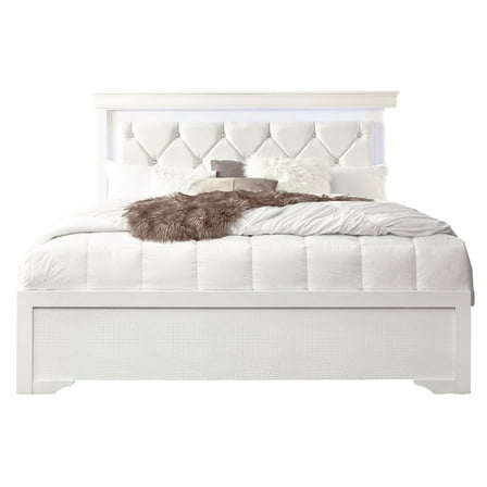 Global Furniture USA Traditional Glam Pompei Metalliic White King Bed With Led, White