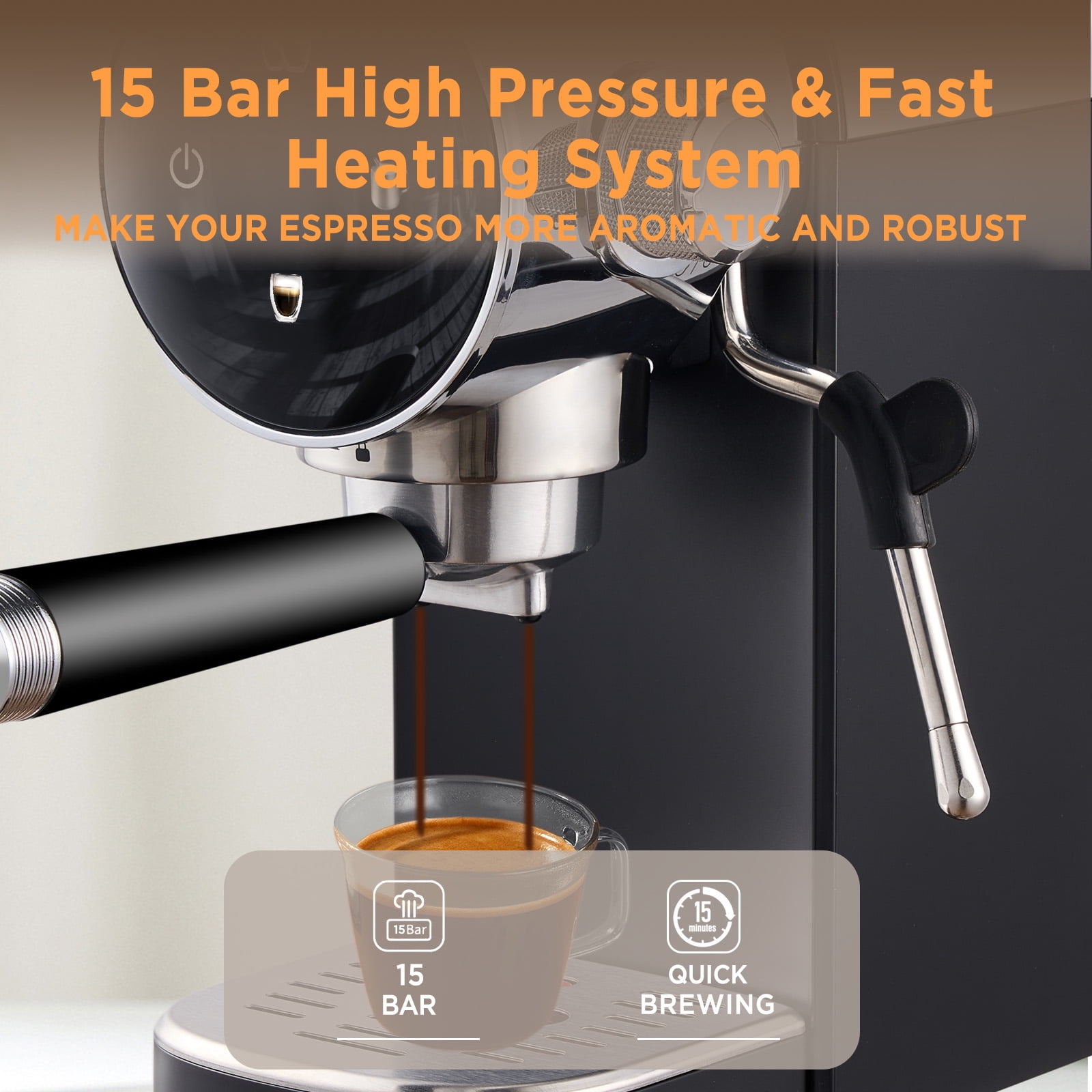 Ollygrin Espresso Machine 15 Bar, Touch Screen Espresso Maker with Americano, Coffee Machine with Steam Milk Frother, Stainless Steel Cappuccino Latte Machine for Cold Brew Home Gifts