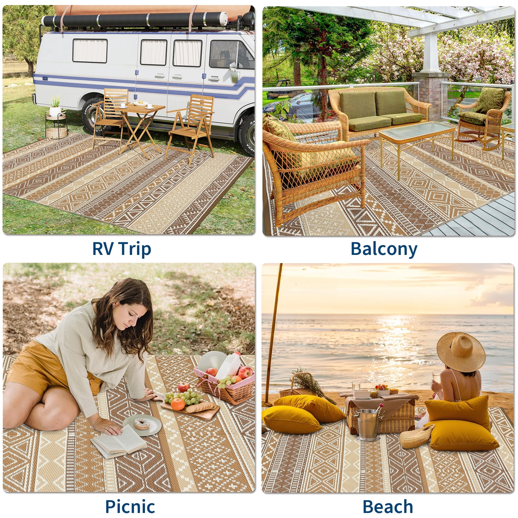 HIWEAVER 10' x 14' Camel Outdoor Rug PP Plastic Straw Woven Waterproof Patio Rug with Border Portable Outside Carpet for Balcony Deck Picnic Garden Decor