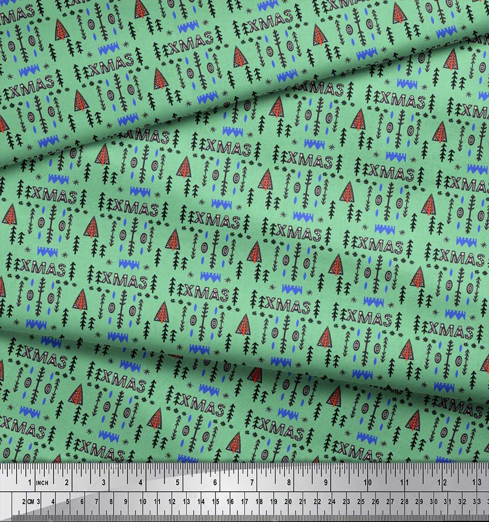 Soimoi Green Silk Fabric Text & Christmas Tree Folk Art Print Fabric by Yard 42 Inch Wide