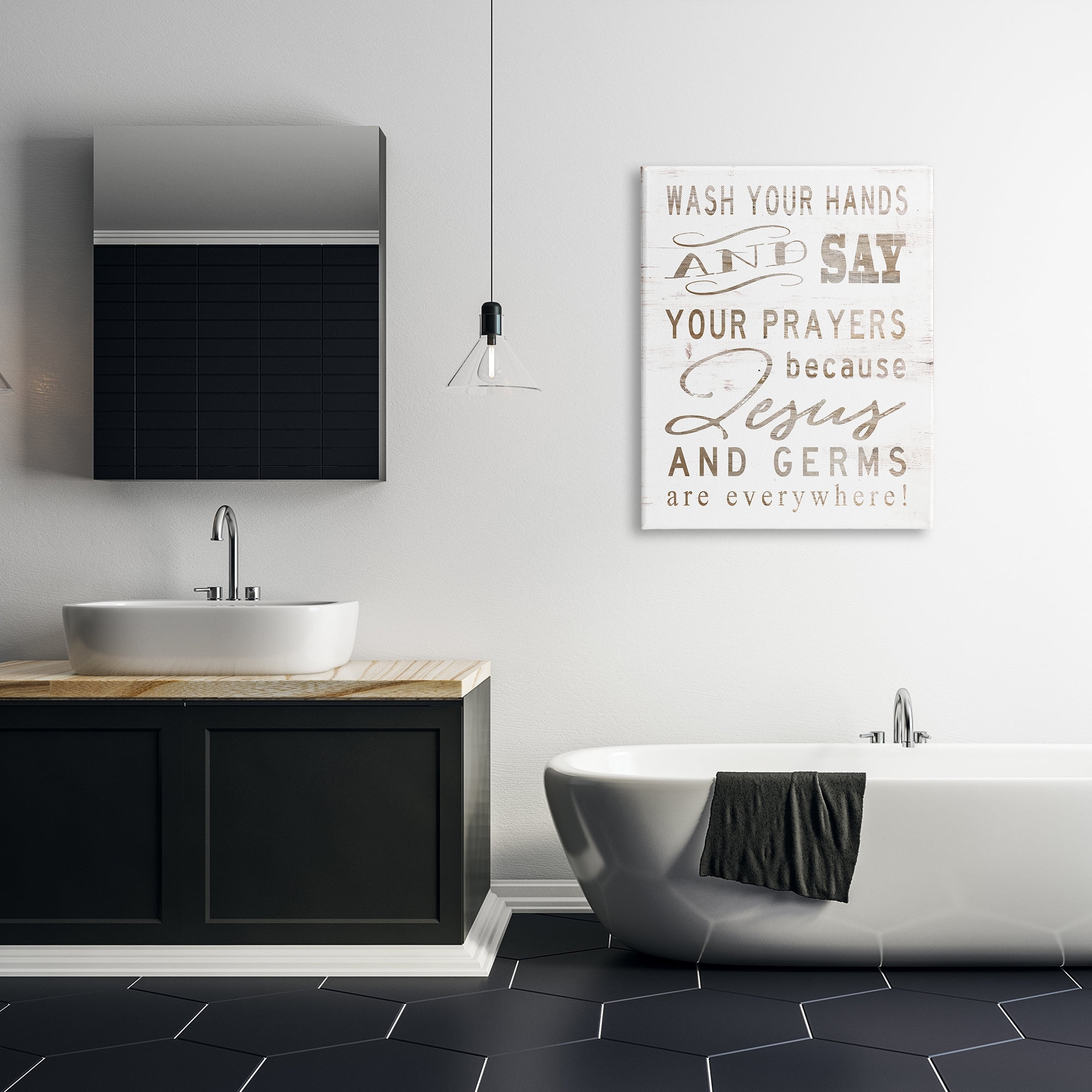 The Stupell Home Decor Collection White Wood Look Jesus And Germs Are Everywhere Wash Your Hands Sign Canvas Wall Art