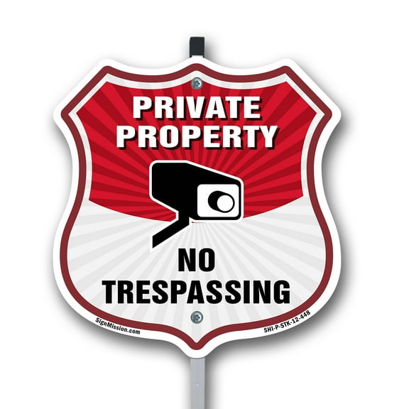 Private Property Shield Sign No Trespassing 12 inch X 12 inch Shield Shaped Rust-Free Aluminum Metal Sign with Aluminum Mounting Stake Weather Resistant, UV Protected for Workplace Made