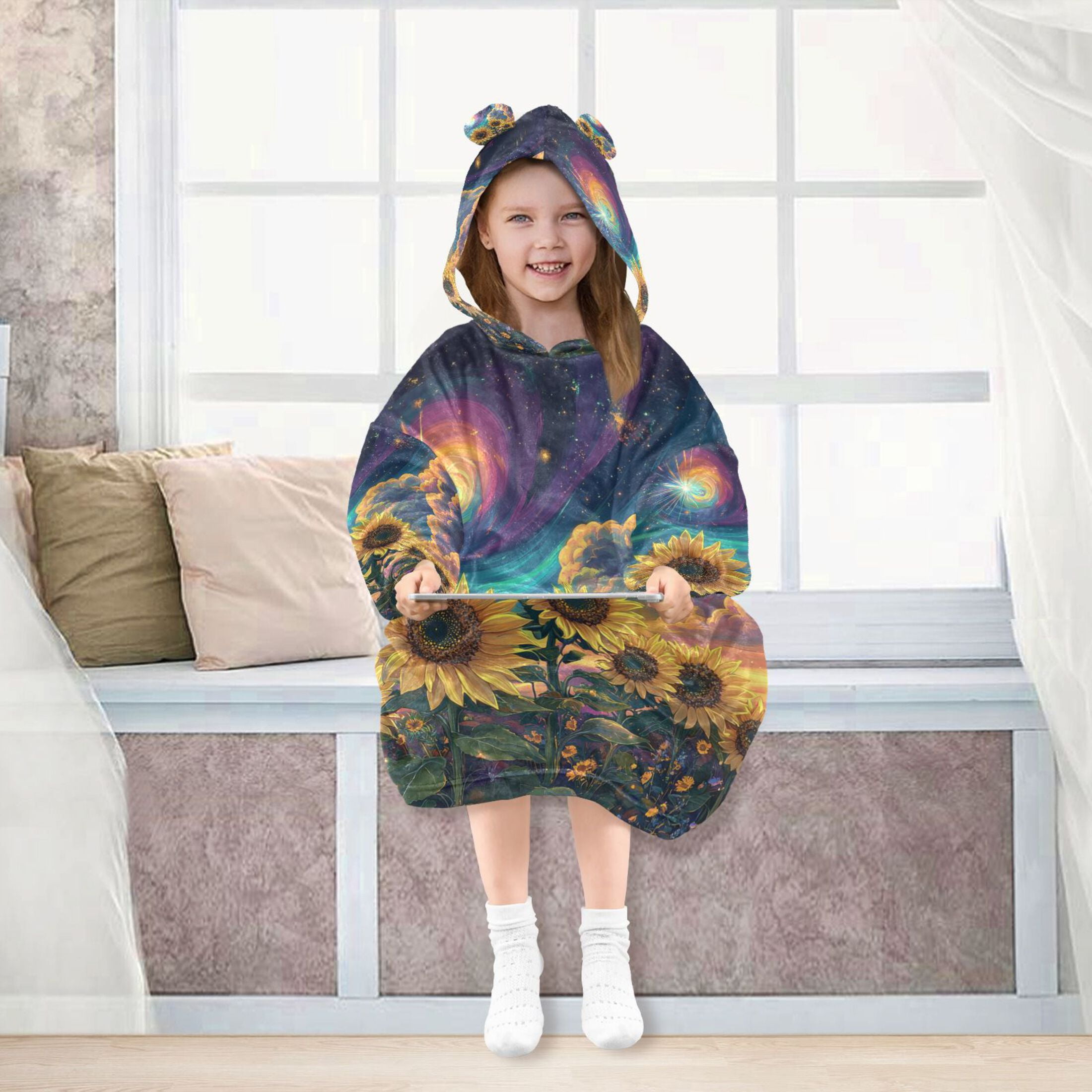 YAZAOO Kids Wearable Blanket Hoodie Warm and Cozy Galactic Sunflower Symphony Flannel Sweatshirt