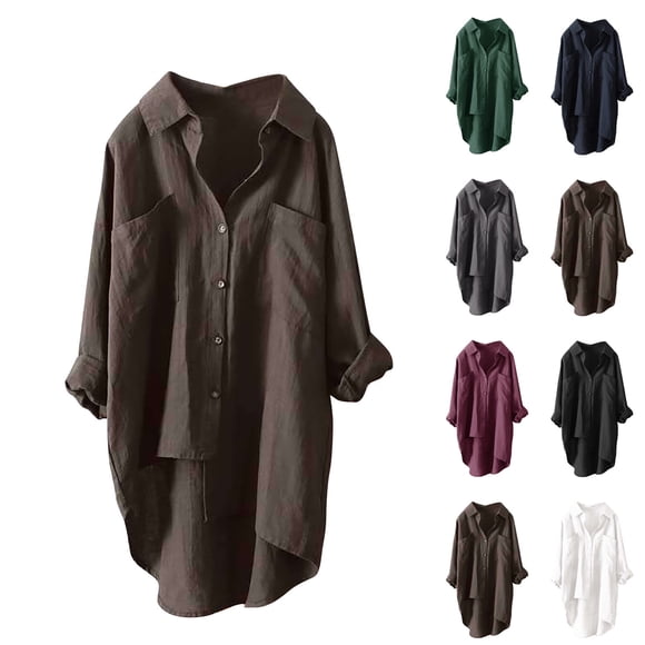 WRKEKC Chemise en Lin pour Femmes à Boutons Manches Roulées Tunique Décontractée avec Poche Détail Boho Chic Été Bureau Ample
