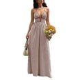 thumbnail image 2 of ClodeEU Women's Deep V Neck Halter Stripe Maxi Dress, Backless Sleeveless Casual Beach Long Dress Coffee,Womens Plus M, 2 of 6