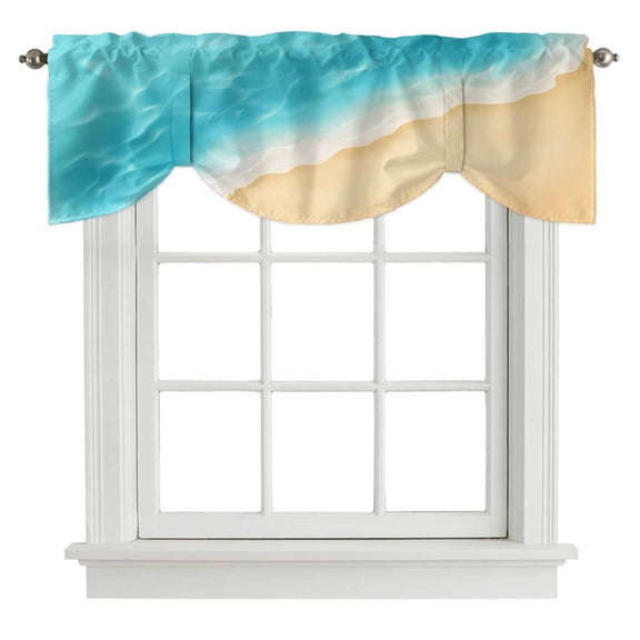 Tie Up Valances for Windows, Aqua Blue Beach Adjustable Valance Curtains Window Treatment for Living Room/Bedroom Windows, Summer Seaside Ombre Rod Pocket Kitchen Curtains & Drapes 60x18 Inch