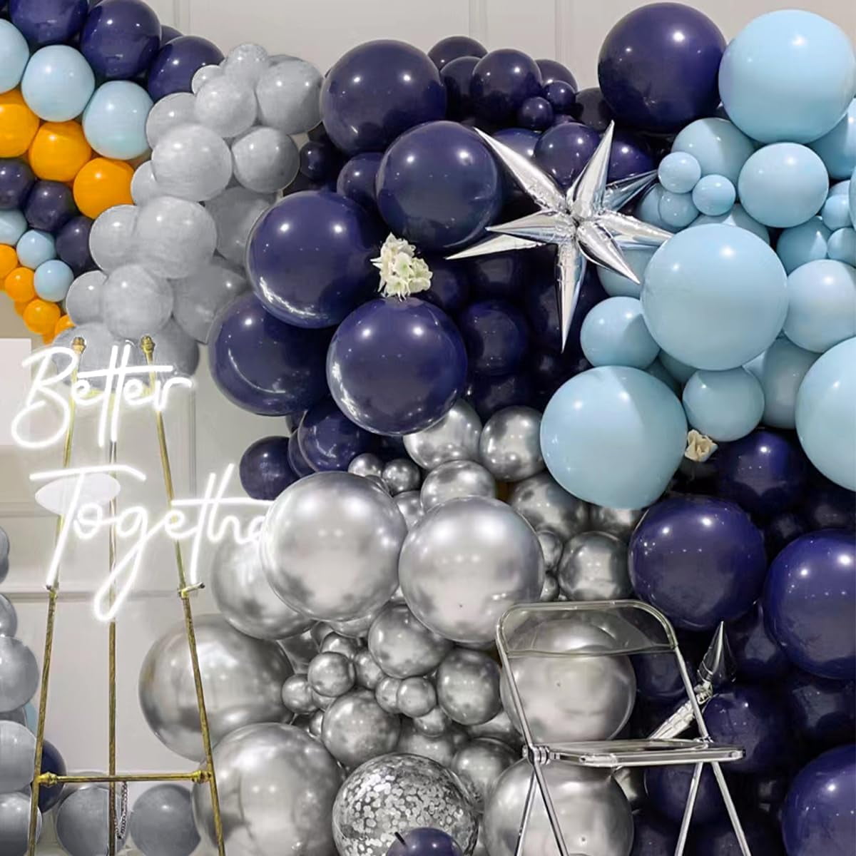 Blue Yellow Gray Balloon Garland Arch Kit, 156Pcs Pastel Navy Blue Dusty Grey Lemon Yellow Metallic Silver Balloons with Exploding Star for Baby Shower Wedding Birthday Lemonade Honeybee Party