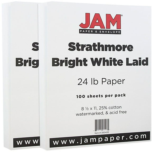 JAM Paper Strathmore, 8 1/2 x 11, Bright White Laid, 24lb, 2 packs of 100